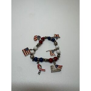 Patriotic Red White Blue Beaded Charm Stretch Bracelet God Bless America Flag